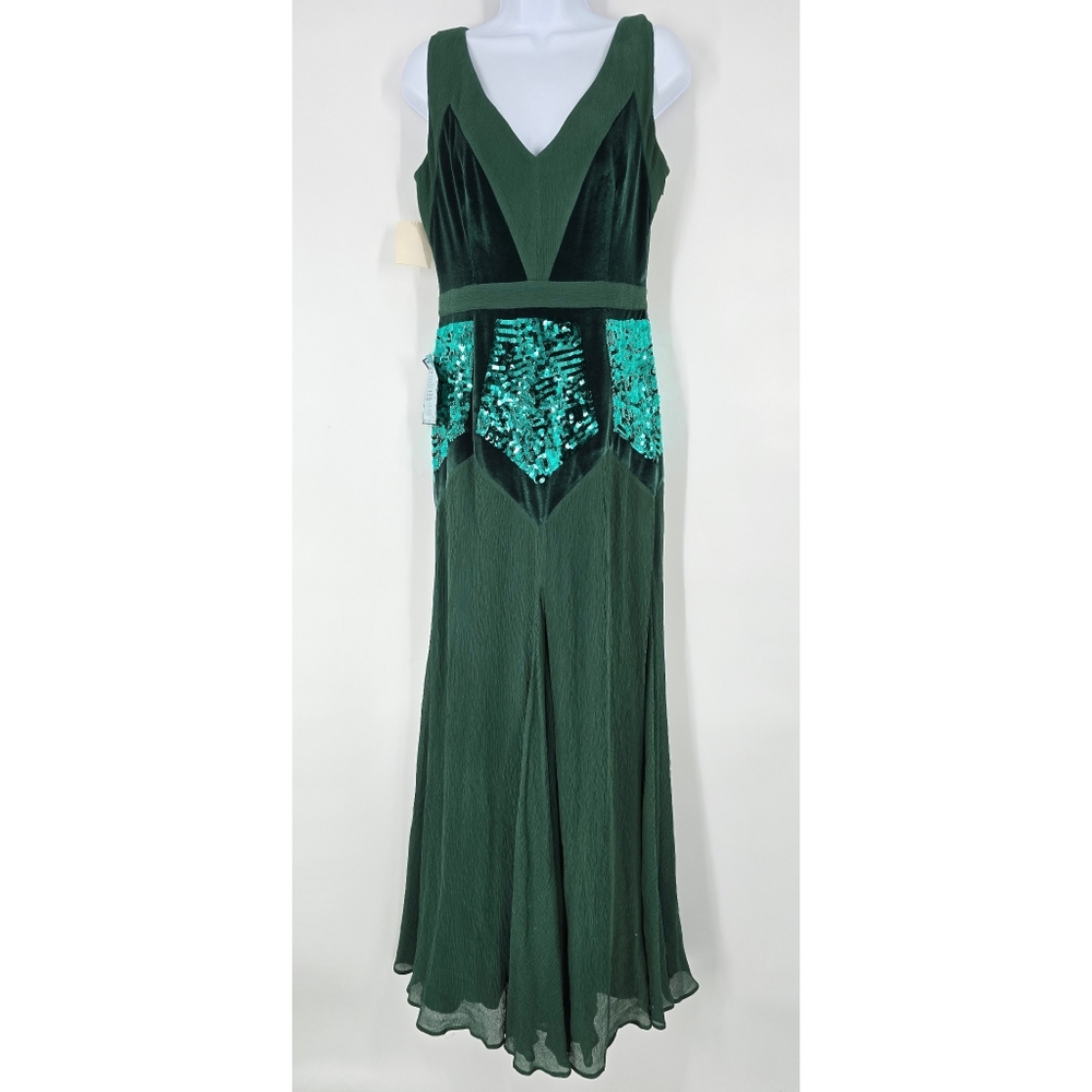Armand Basi Green Silk Velvet Prisma Long Dress Sleeveless Size 40 6 NEW